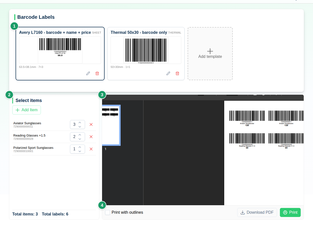 Barcode labels page with the template carousel (1), the item selection panel (2), the rendered preview (3) and the print actions bar (4)