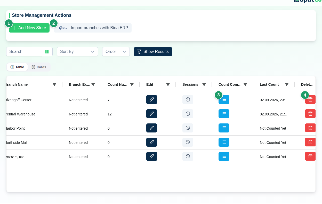 Branches page with Add New Store (1), Import Stores (2), the count goals button on a branch row next to the counts and sessions columns (3) and the delete button (4)