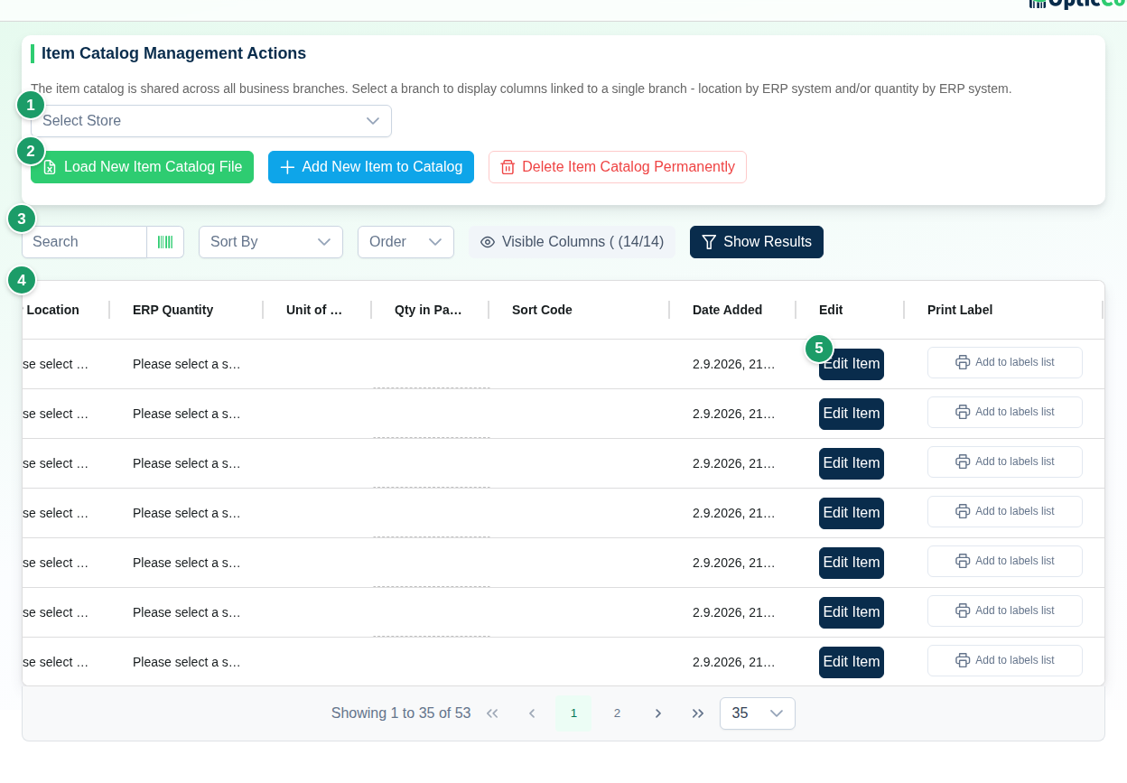 Catalog page with the store select (1), action buttons (2), search and columns bar (3), the items table (4) and the Edit Item and Add to labels list row buttons (5)