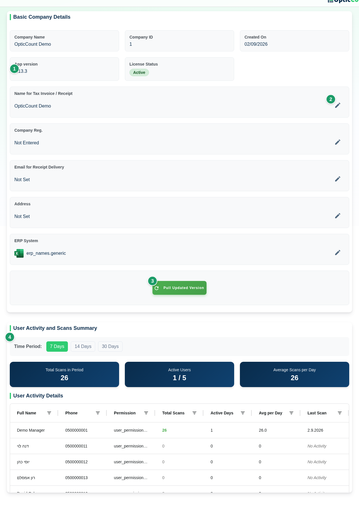 Company details page with the app version (1), a pencil on a billing field (2), Pull Updated Version (3) and the period buttons of the team activity card (4)