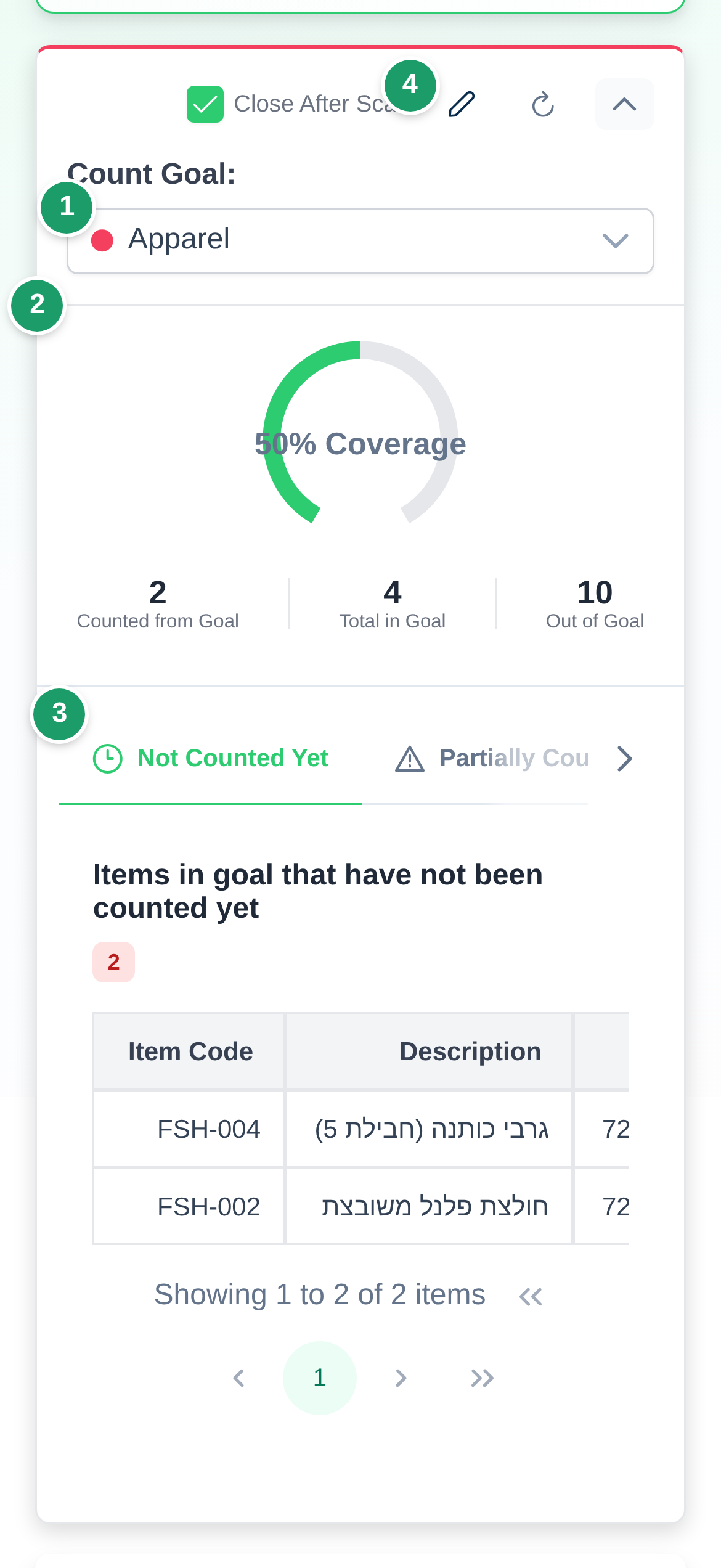 Expanded scope progress card on the counting page: scope select (1), coverage gauge with the three counters (2), the tabs row (3) and the Close After Scan checkbox (4)