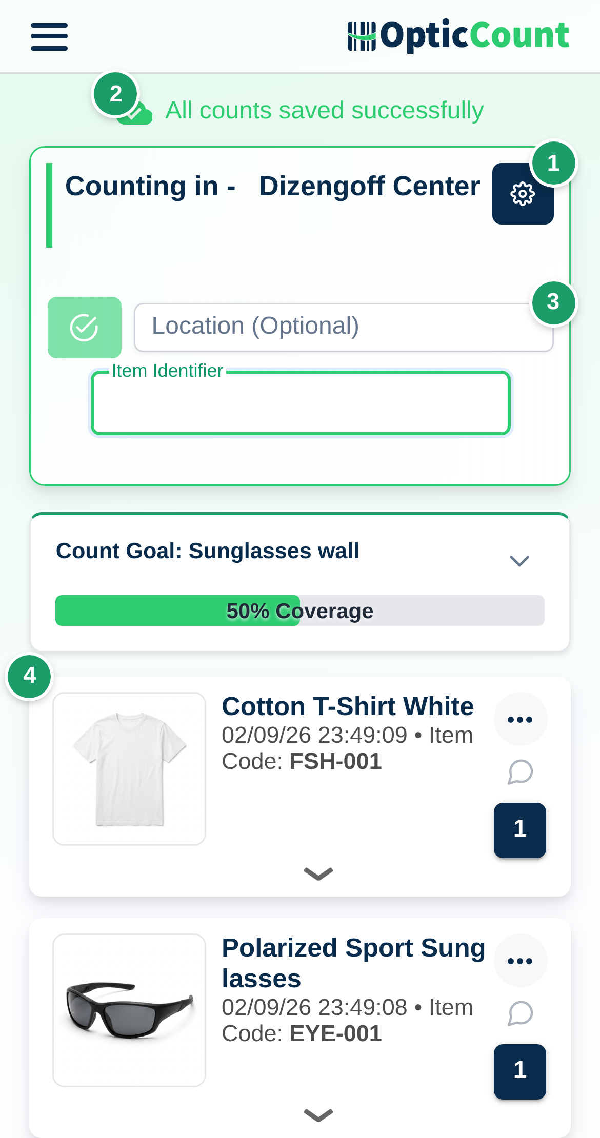 Counter page on the phone: settings cog (1), green sync bar (2), the location and item identifier fields (3) and a scan card (4)