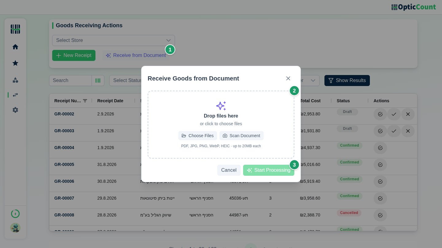 Receive-from-document dialog with the Receive from document button (1), the drop zone (2) and the Start processing button (3)