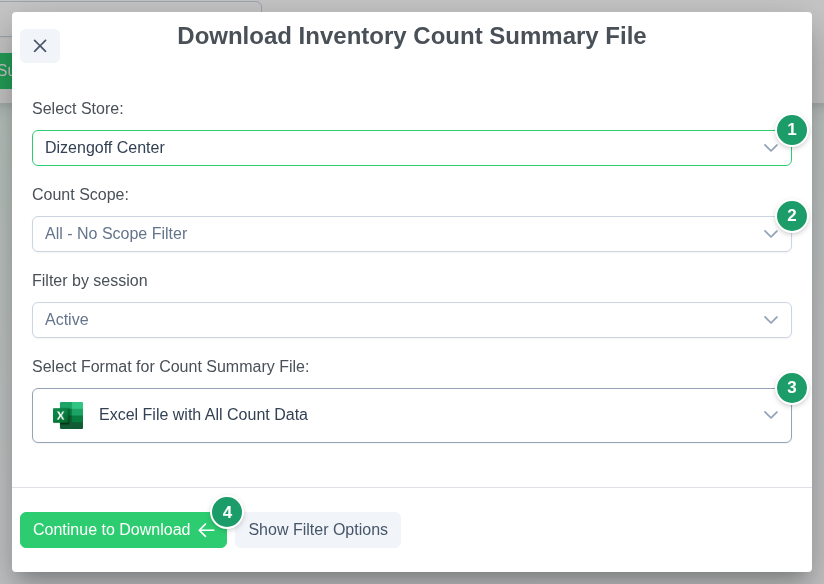 The count summary download dialog, first step: branch selector (1), Count Scope dropdown (2), format dropdown (3) and Continue to Download (4)