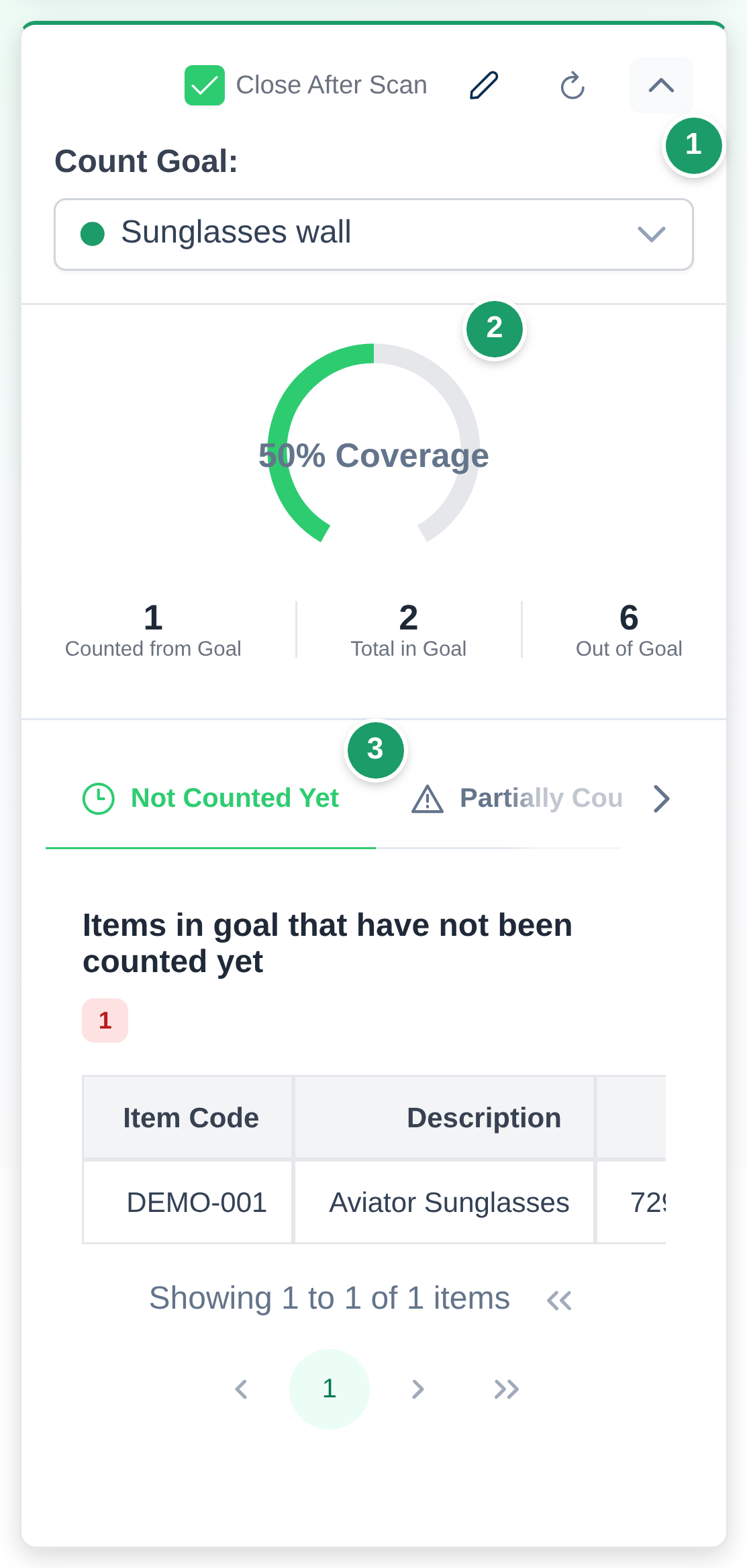 The count-scope card in expanded mode: Count Goal dropdown (1), coverage knob (2) and the Not Counted Yet tab (3)