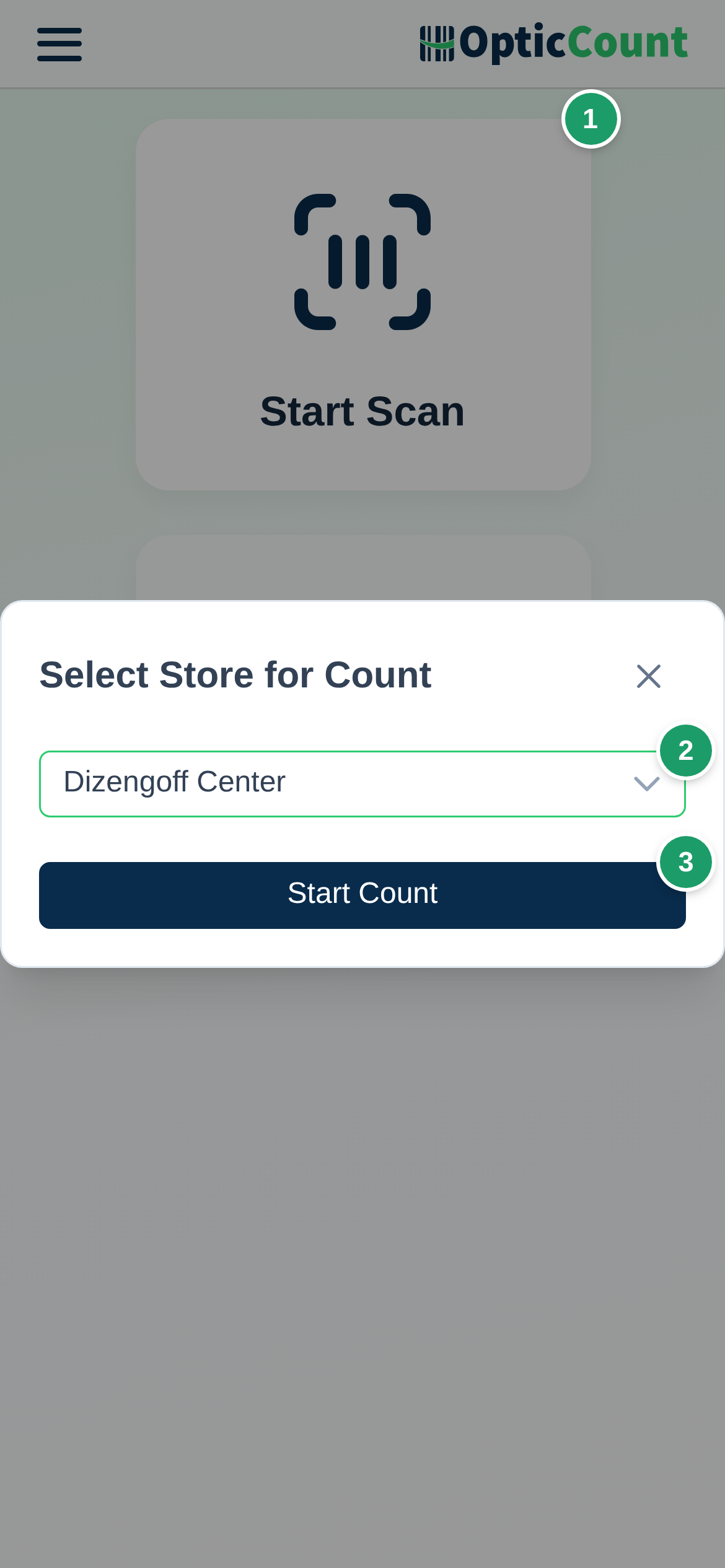 Main menu with the Start counting card (1), branch selection (2) and the Start counting button in the dialog (3)