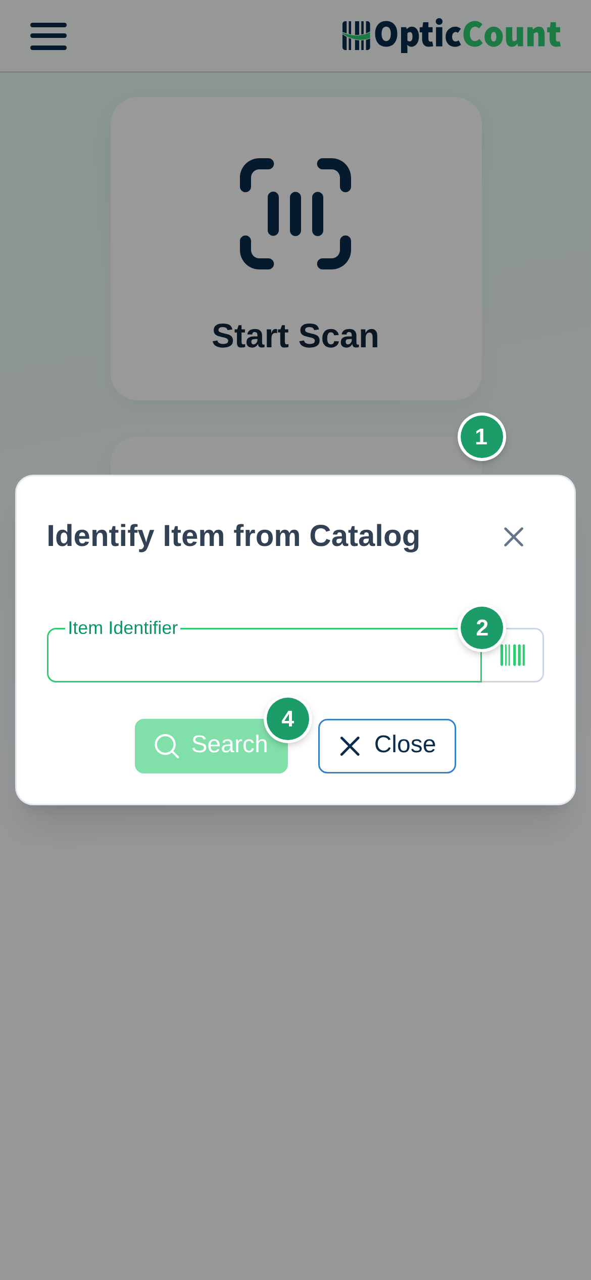 Main menu with the Identify item card (1), the item ID field (2), the camera button (3) and Search (4)