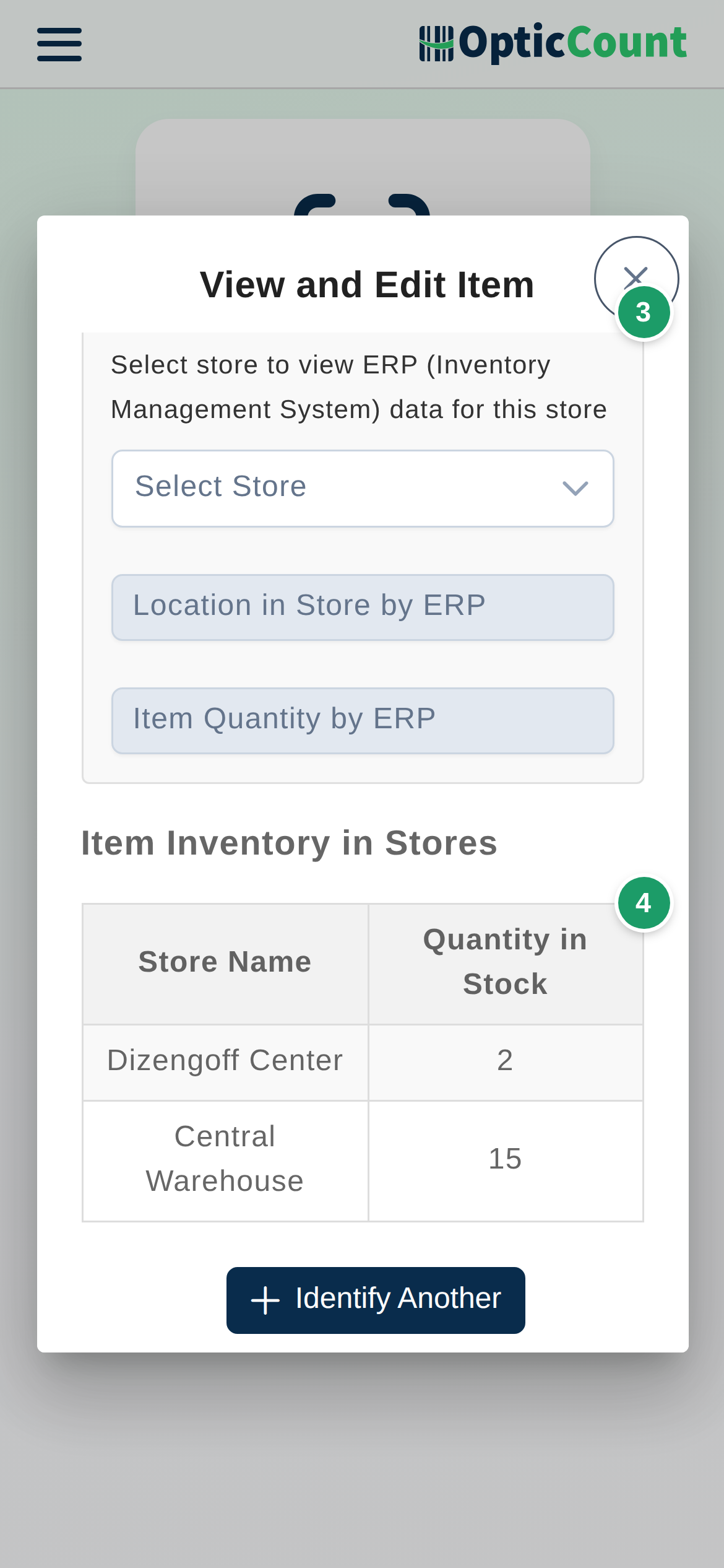 The item card after identification: name and identifiers (1), prices (2) and stock per branch (3)