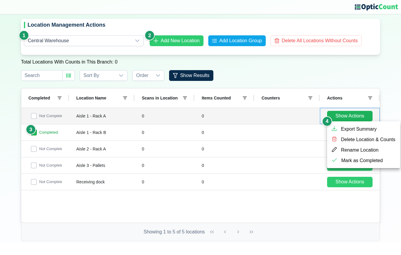 Locations page with the store select (1), action buttons (2), a checked Completed box in a row (3) and an open row actions menu (4)