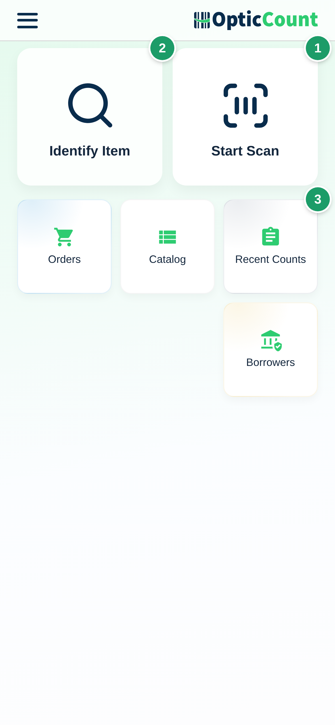 Main menu on the phone: Start Scan card (1), Identify Item card (2) and the pinned shortcuts row (3)