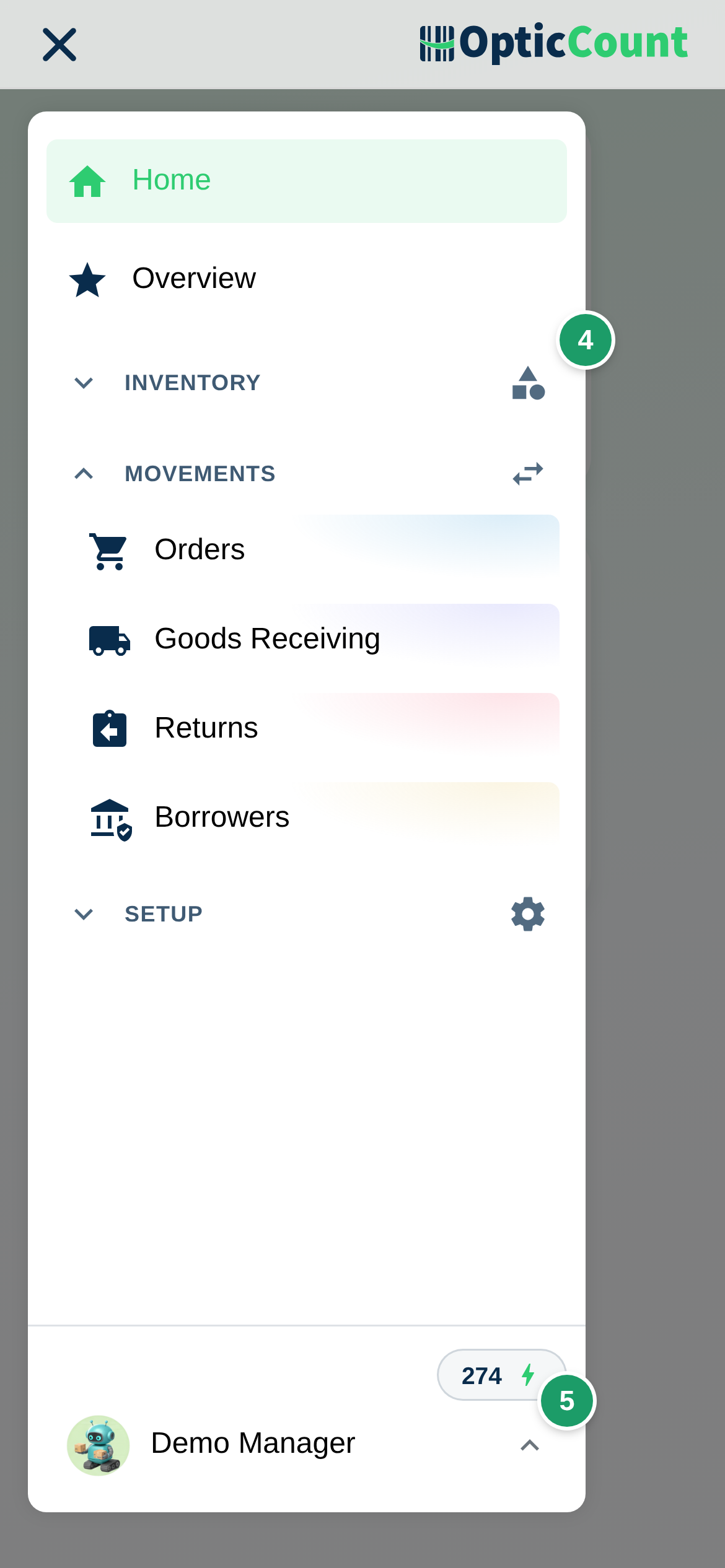 The sidebar open on the phone: menu groups (4) and the profile trigger at the bottom (5)