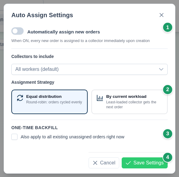 The Auto Assign Settings dialog: enable toggle (1), assignment strategy cards (2), the one-time backfill checkbox (3) and the save button (4)