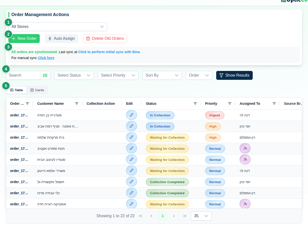Orders page with the branch picker (1), action bar (2), sync status (3), search and filters (4) and the orders table in different statuses (5)
