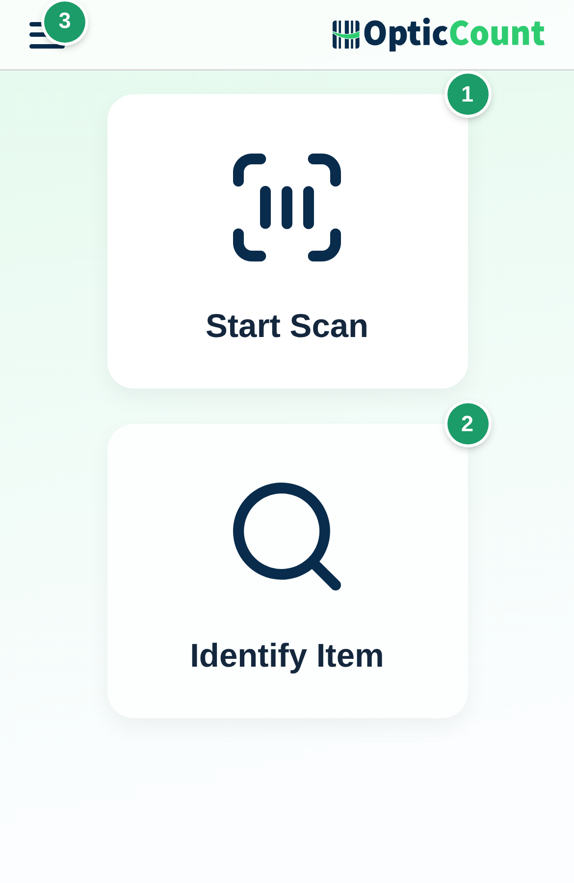 Main menu on the phone: Start Scan card (1), Identify Item card (2) and the sidebar button that leads to the management page (3)