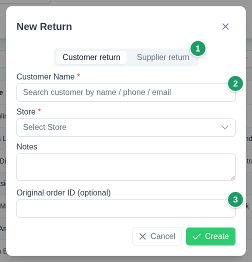 New return dialog with the document kind selector (1), the customer picker with add-new (2) and the original order number field (3)